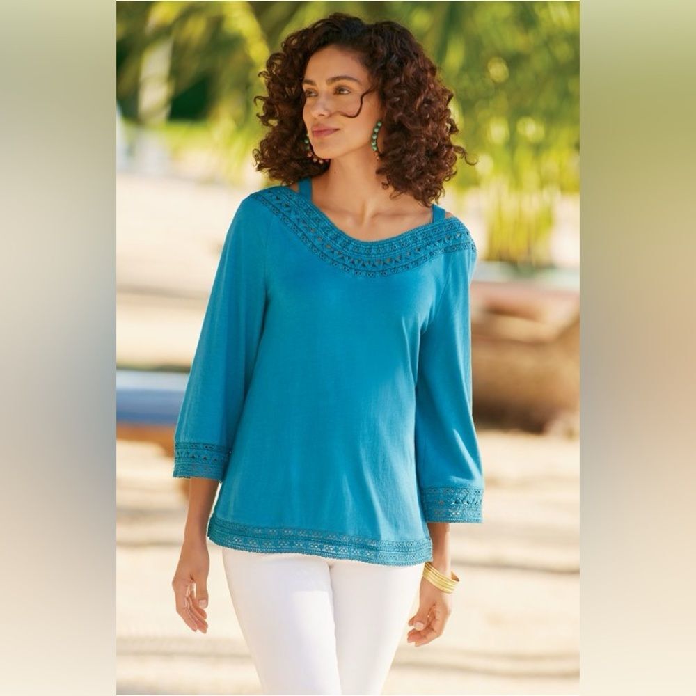 Soft Surroundings Ava Crochet Trim Cold Shoulder Top Size XL NWOT